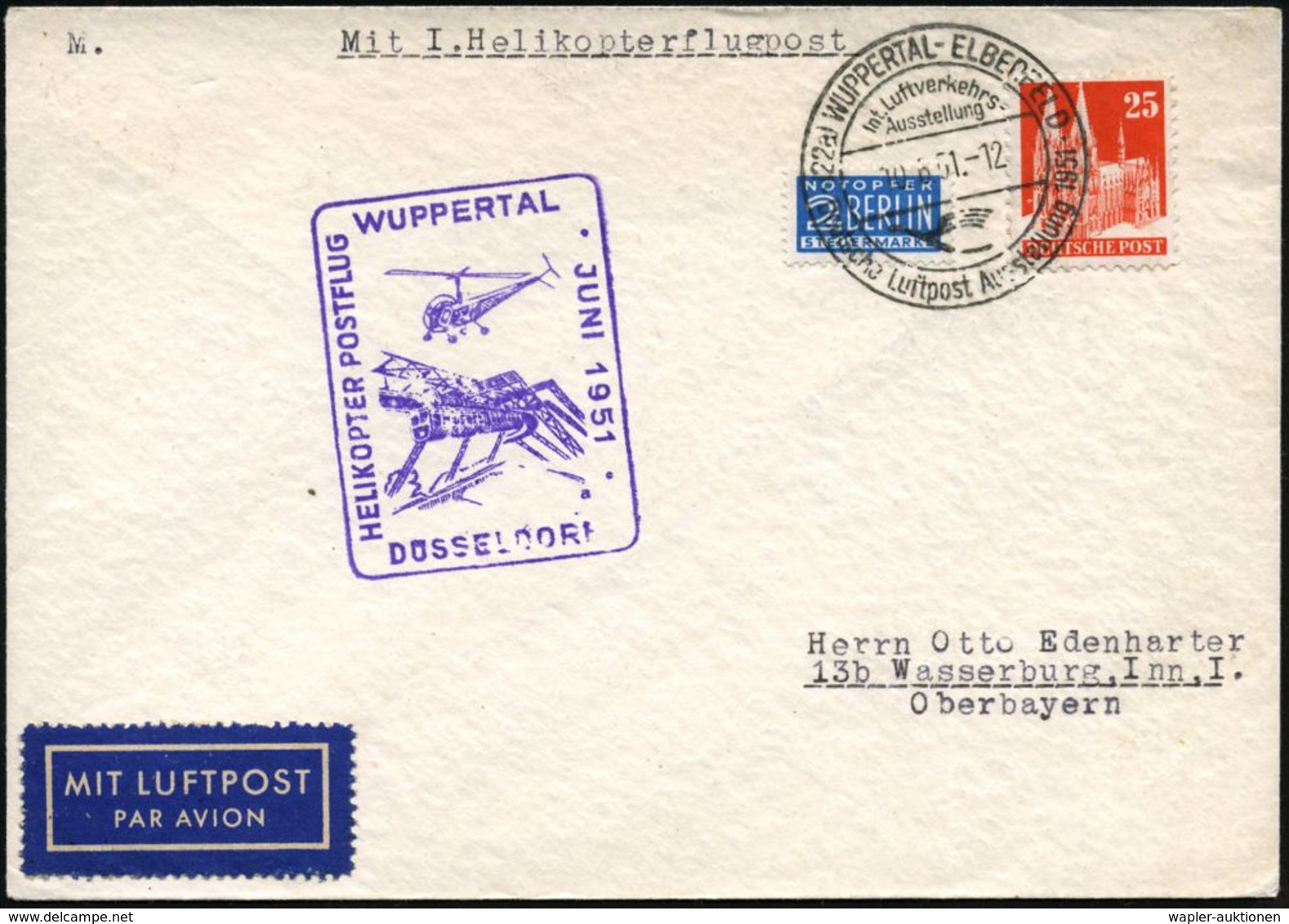 SCHWEBEBAHN WUPPERTAL : (22a) WUPPERTAL-ELBERFELD/ Deutsche Luftpost Ausstellung 1951 (10.6.) SSt. (DLH-Logo) Auf EF 25  - Treni