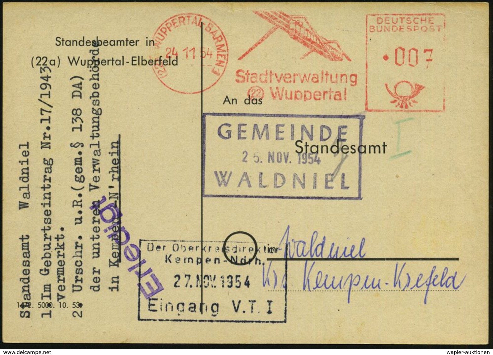 SCHWEBEBAHN WUPPERTAL : (22a) WUPPERTAL-BARMEN 1/ Stadtverwaltung 1954 (24.11.) AFS = Schwebebahn , Klar Gest. Kommunal- - Treni