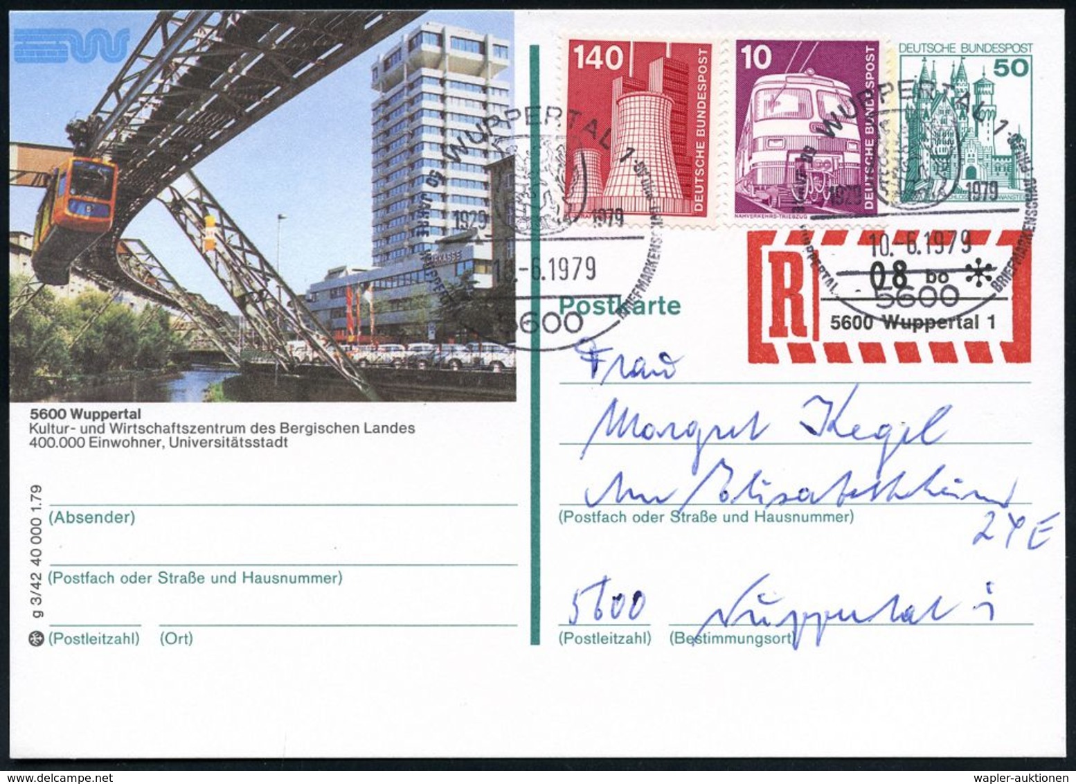 SCHWEBEBAHN WUPPERTAL : 5600 WUPPERTAL 1/ ..BRIEFMARKENSCHAU-PHILAS 1979 (10.6.) SSt Auf Ortsgleicher BiP 50 Pf. Burgen, - Trains