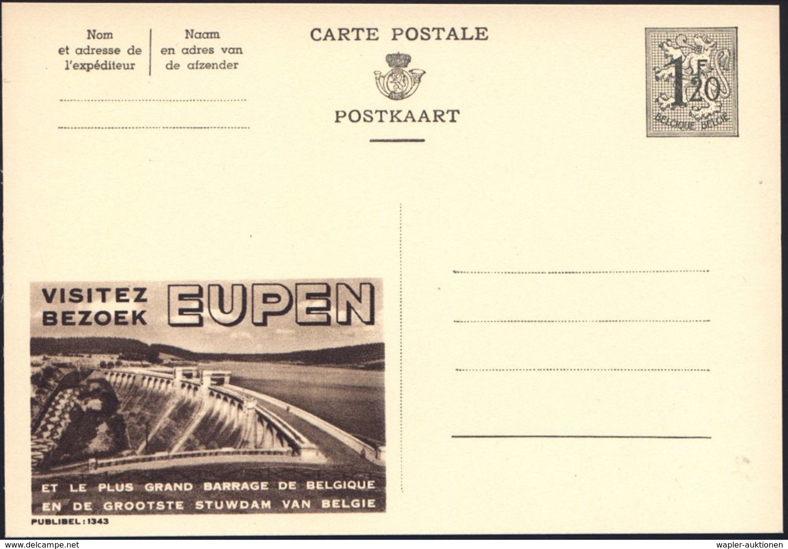 WASSER-ENERGIEERZEUGUNG / TALSPERREN : BELGIEN 1954 1,20 F. Reklame-P. Wappenlöwe, Oliv: EUPEN/ET LE PLUS GRAND BARRAGE. - Eau