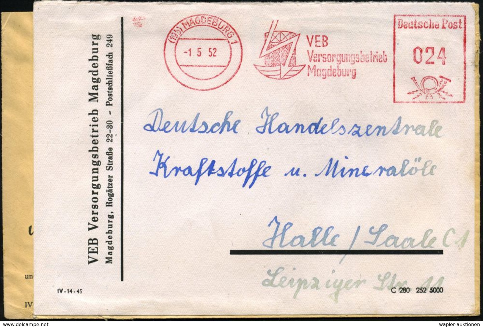 KRAFTWERKE / ENERGIEERZEUGUNG : (19b) MAGDEBURG 1/ VEB/ Versorgungsbetrieb/ Magdeburg 1952 (1.5.) AFS = Blitz Vor Gasome - Autres & Non Classés