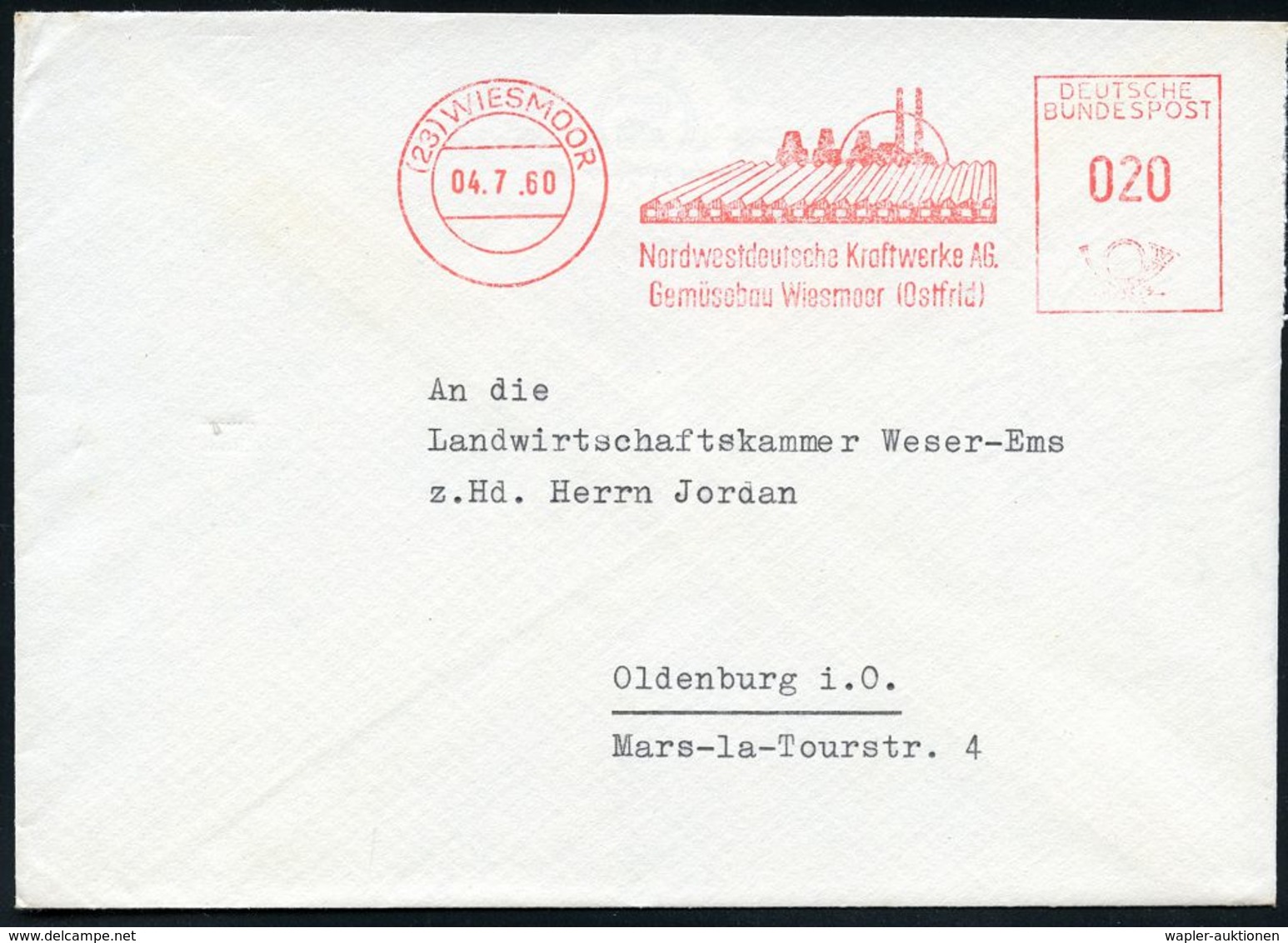 KRAFTWERKE / ENERGIEERZEUGUNG : (23) WIESMOOR/ Nordwestdt.Kraftwerk AG/ Gemüsebau Wiesmoor 1960 (4.7.) AFS = Kraftwerk ( - Autres & Non Classés