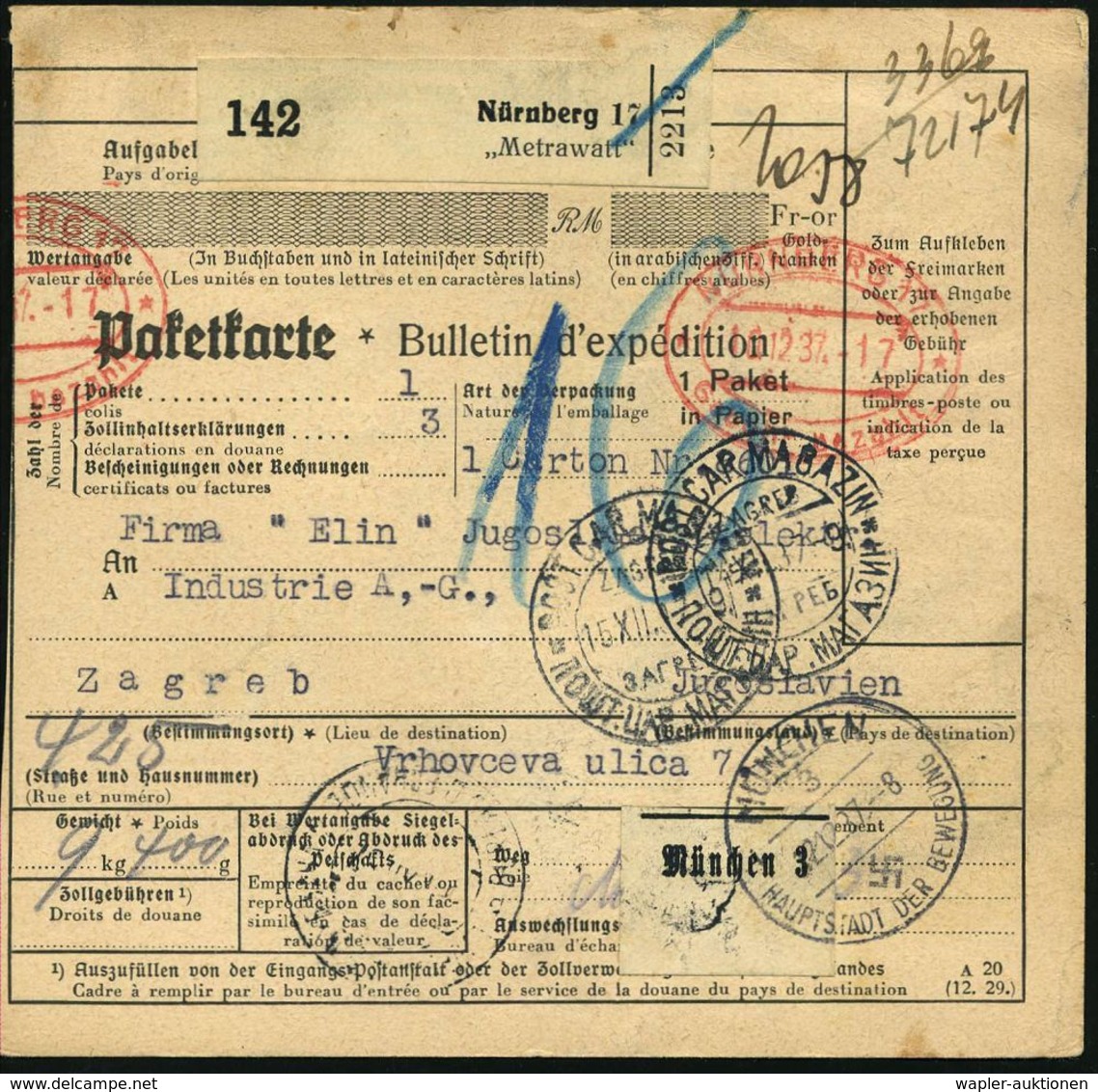 ELEKTRIZITÄT / ELEKTROTECHNIK / ANWENDUNG : Nürnberg 17/ "Metrawatt" 1937 (10.12.) Schw. Selbstbucher-Paketzettel + Rote - Electricité