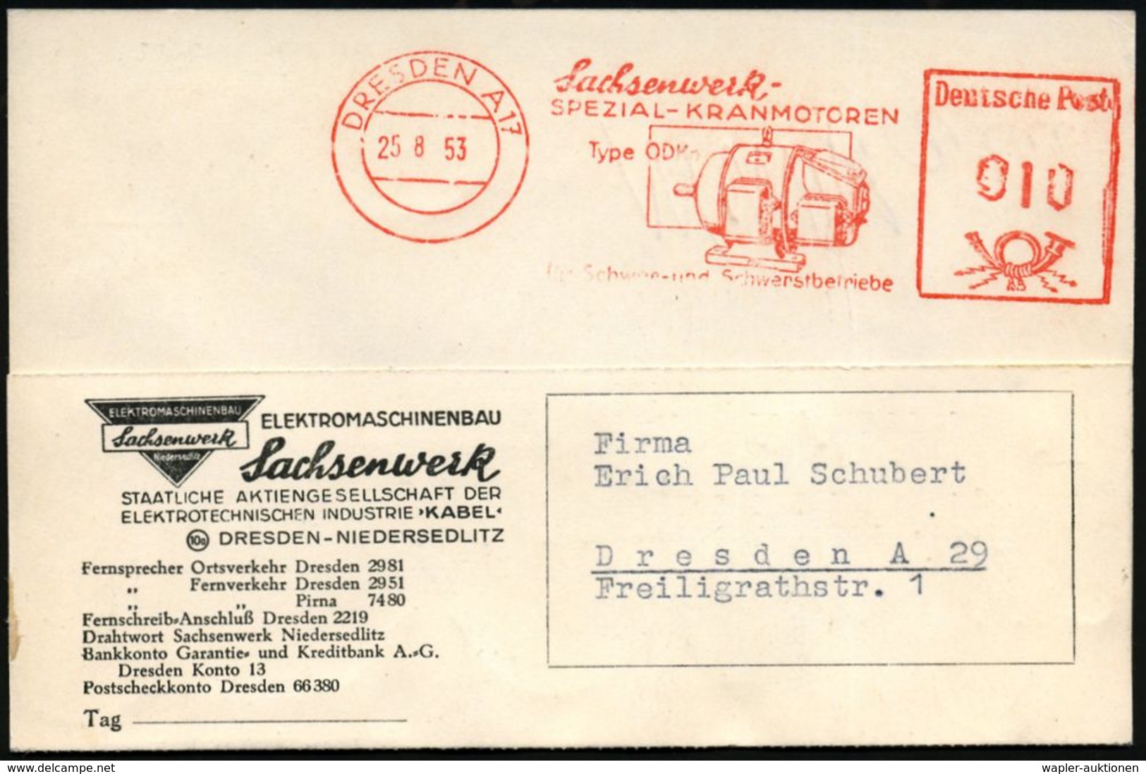 ELEKTRISCHE APPARATE & MASCHINEN : DRESDEN A17/ Sachsenwerk/ SPEZIAL-KRANMOTOREN/ Type ODK.. 1953 (25.8.) AFS = Kran-Ele - Elektrizität