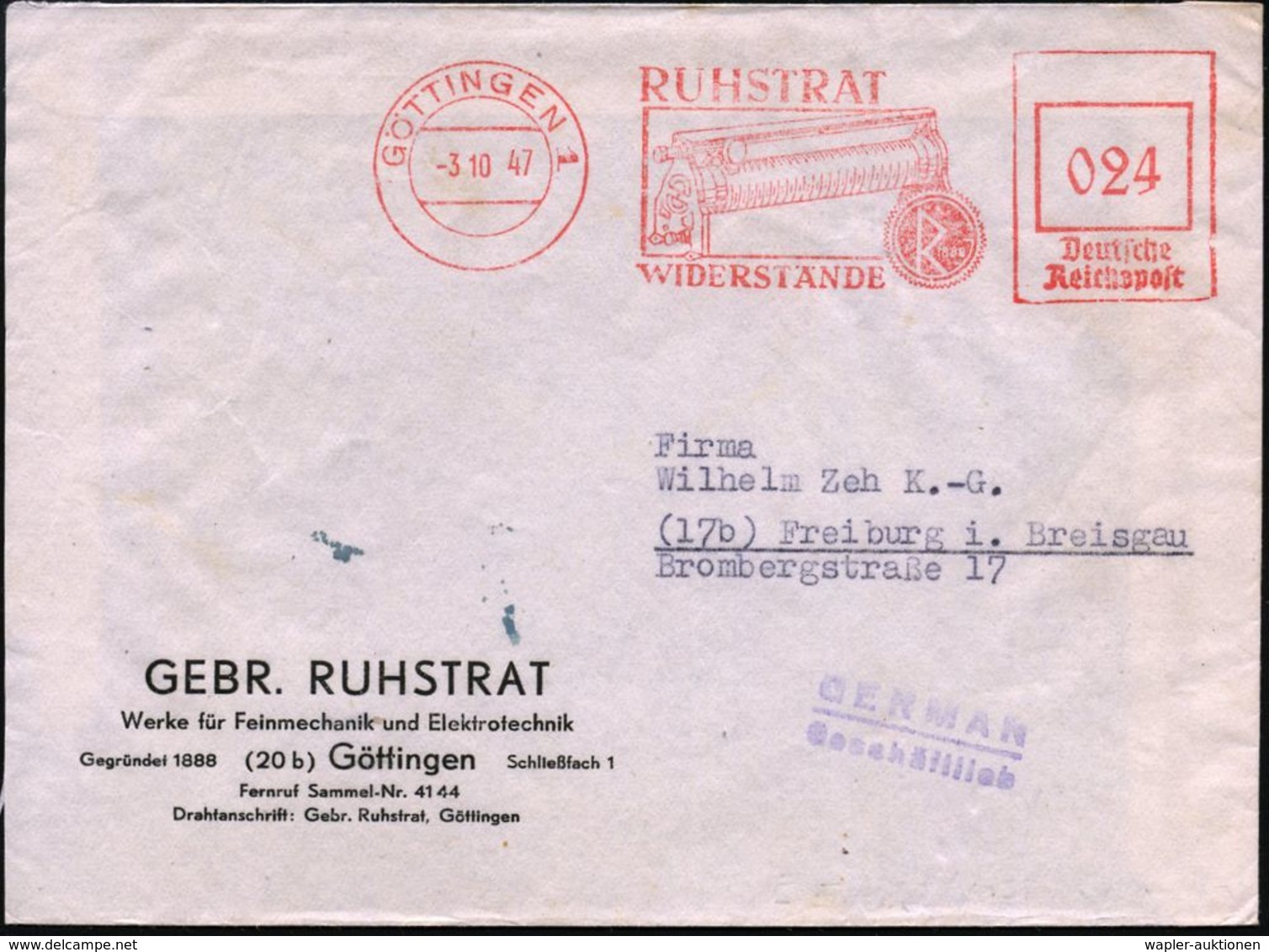 ELEKTRISCHE APPARATE & MASCHINEN : GÖTTINGEN 1/ RUHSTRAT/ WIDERSTÄNDE 1947 (3.10.) Aptierter AFS Francotyp (= NS-Adler E - Elektrizität