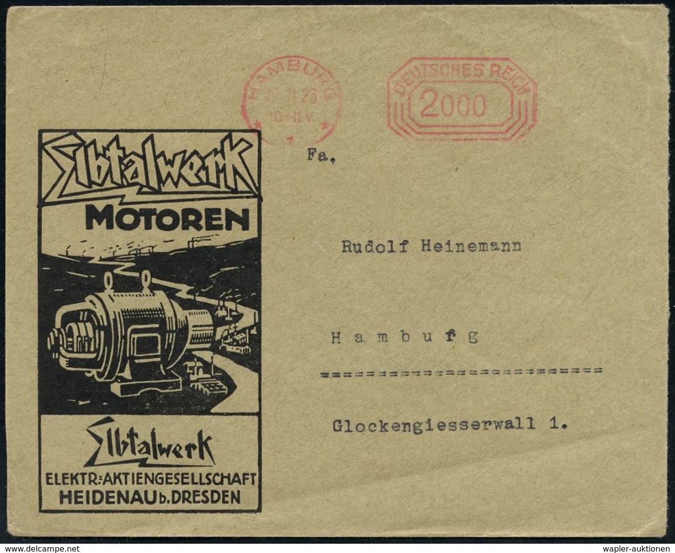 ELEKTRISCHE APPARATE & MASCHINEN : HAMBURG/ *1*/ DEUTSCHES REICH 1923 (19.11.) PFS "Achteck" 2000 (= Milliarden!) Auf Re - Elektrizität