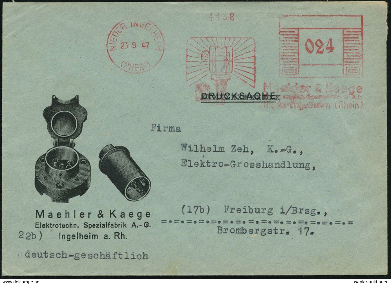 ELEKTRISCHE APPARATE & MASCHINEN : NIEDER INGELHEIM/ (RHEIN)/ Maehler & Kaege.. 1947 (23.9.) Aptierter AFS "Mäanderrecht - Elektrizität