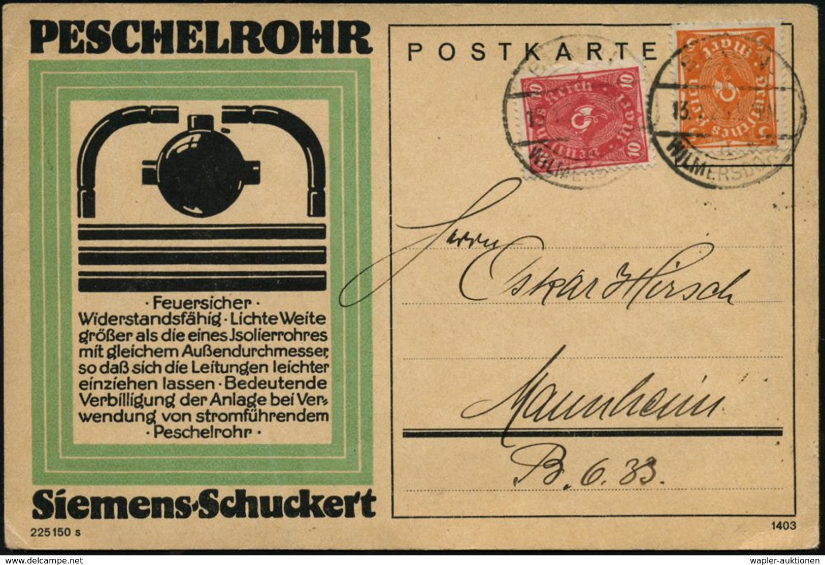 SIEMENS & HALSKE / SIEMENS-SCHUCKERT / SIEMENS-TÖCHTER : BERLIN-/ WILMERSDORF 1923 (13.1.) 1K-Brücke Auf Posthorn 5 Mk.  - Elettricità