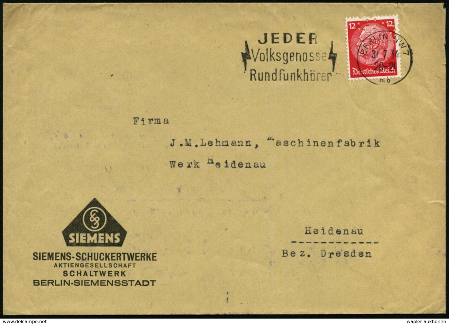 SIEMENS & HALSKE / SIEMENS-SCHUCKERT / SIEMENS-TÖCHTER : Berlin-Siemensstadt 1934 (31.7.) 12 Pf. Hindenbg. Mit Firmenloc - Elektrizität