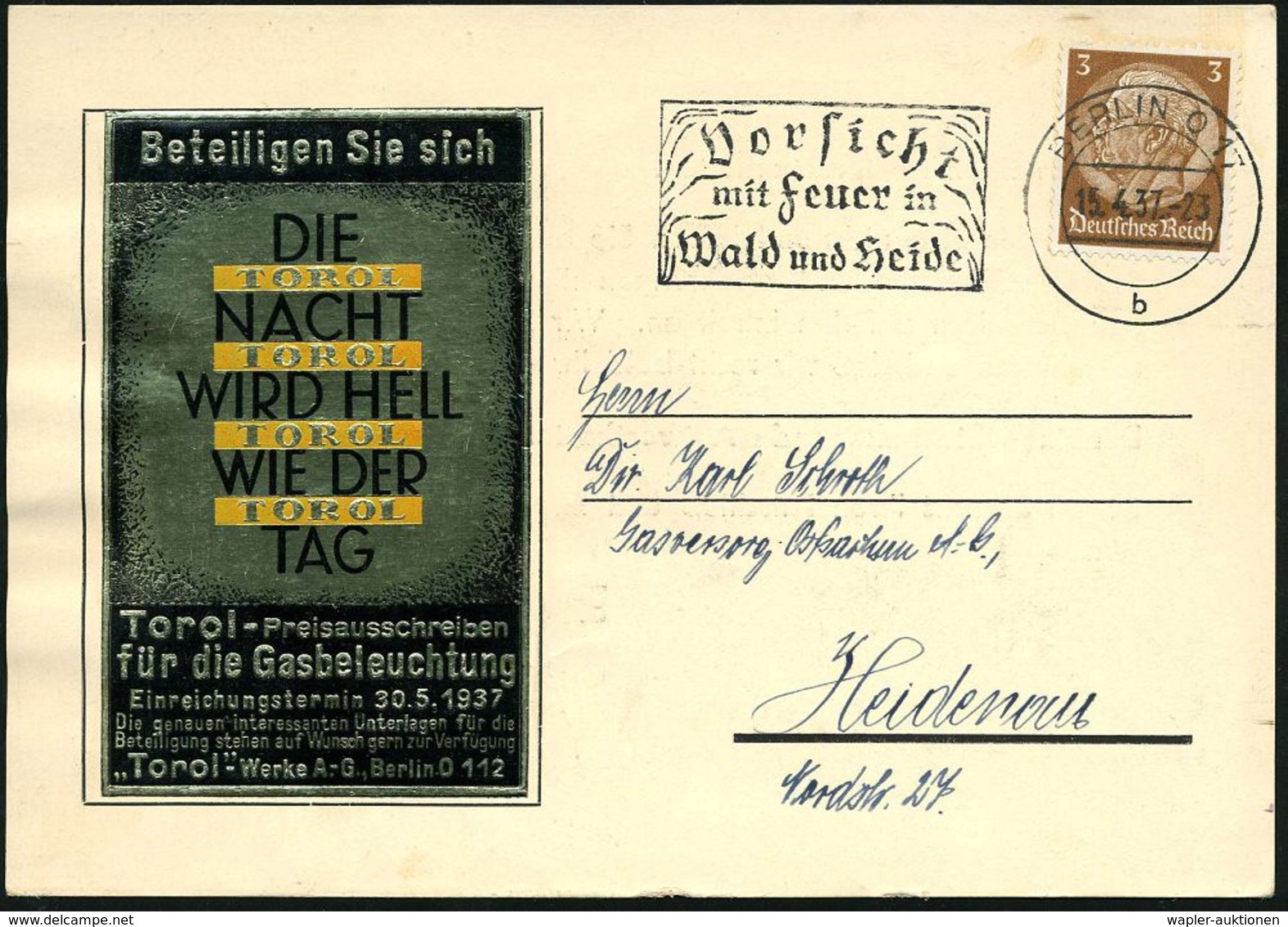 GAS / GASWERKE / FLÜSSIGGAS : BERLIN O 17/ B/ Vorsicht/ Mit Feuer In/ Wald U.Heide 1937 (15.4.) MWSt + Goldene Reklame-V - Gaz