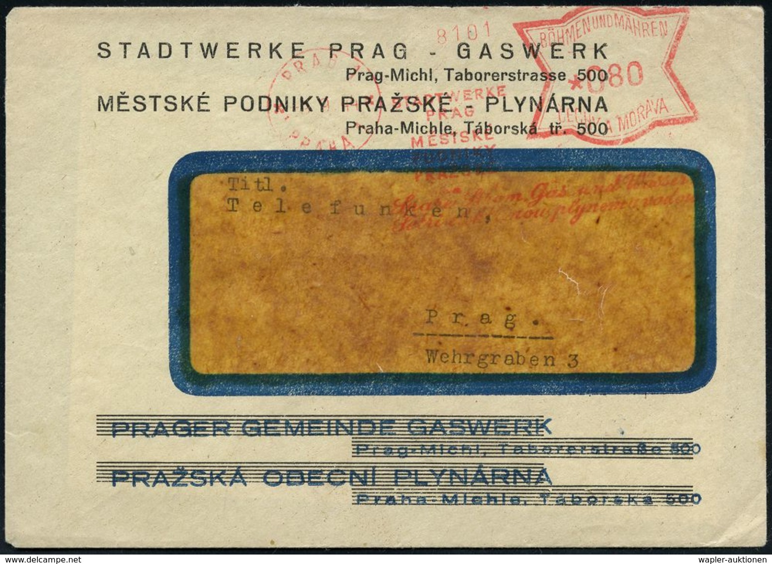 GAS / GASWERKE / FLÜSSIGGAS : BÖHMEN & MÄHREN 1944 (9.9.) AFS: PRAG 1/ PRAHA 1/STADTWERKE/PRAG.. Auf Aptiertem Dienst-Bf - Gaz