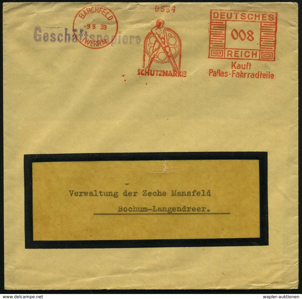 F A H R R A D  / INDUSTRIE & ZUBEHÖR : BARCHFELD/ (WERRA)/ Kauft/ Pallas-Fahrradteile.. 1939 (9.8.) AFS = Athlet Mit Fah - Autres (Terre)