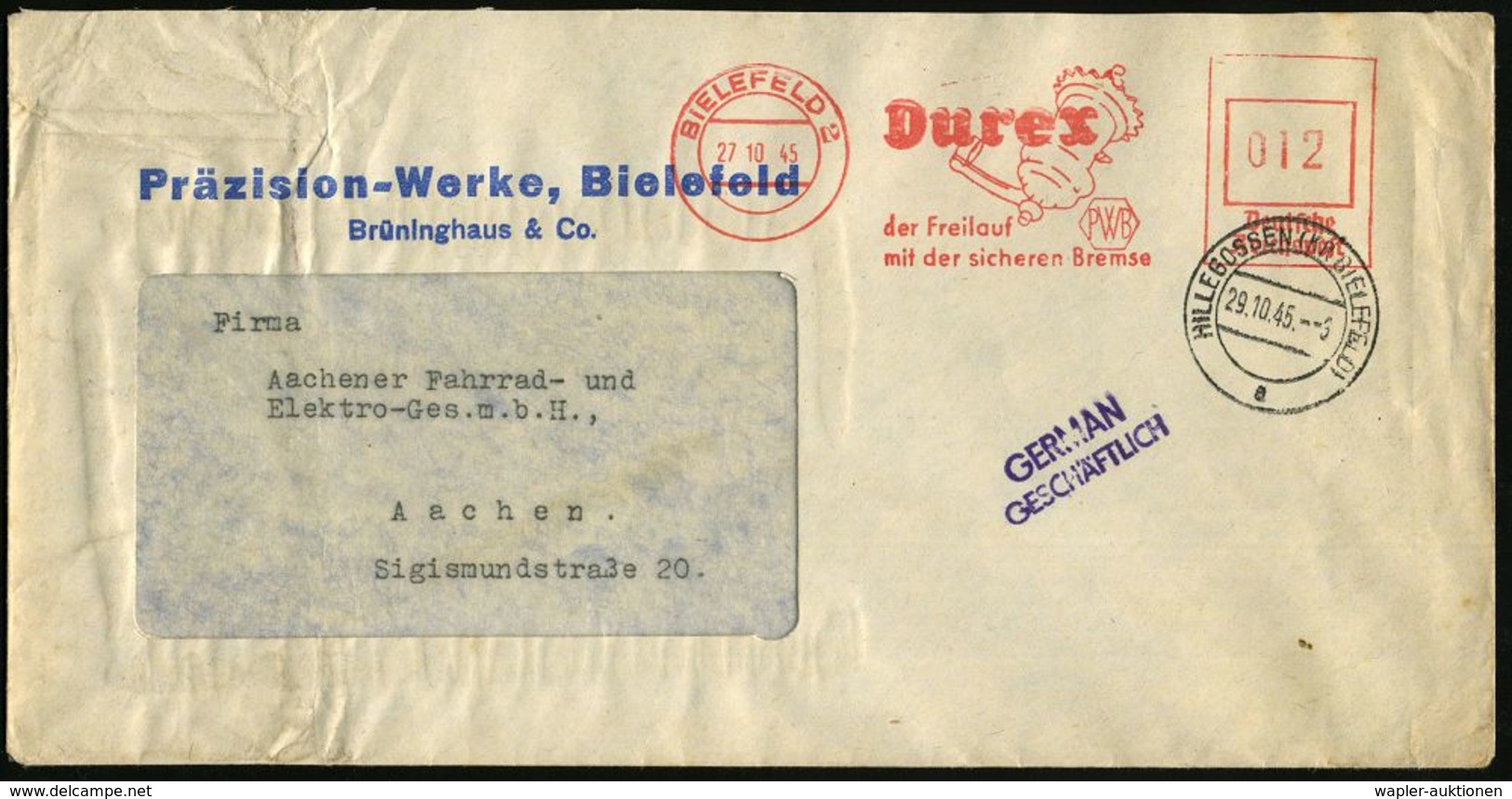 F A H R R A D  / INDUSTRIE & ZUBEHÖR : BIELEFELD 2/ Durex/ Der Freilauf/ Mit D.sicheren Bremse/ PWB 1945 (27.10.) Selten - Altri (Terra)