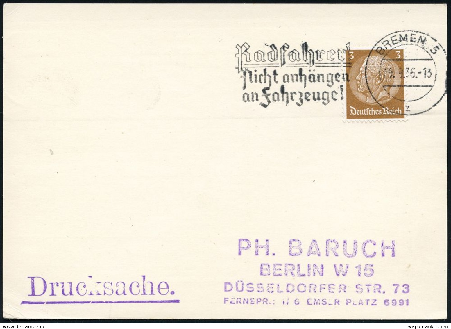 F A H R R A D  / INDUSTRIE & ZUBEHÖR : BREMEN 5/ Z/ Radfahrer!/ Nicht Anhängen/ An Fahrzeuge! 1936 (19.4.) MWSt (rechts  - Andere (Aarde)