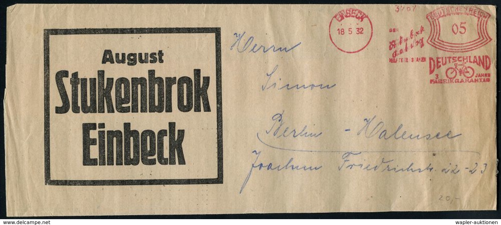 F A H R R A D  / INDUSTRIE & ZUBEHÖR : EINBECK/ Teutonia/ Pneumatik/ "Deutschland"-/ Marken-Rad 1932 (18.5.) Sehr Selten - Altri (Terra)