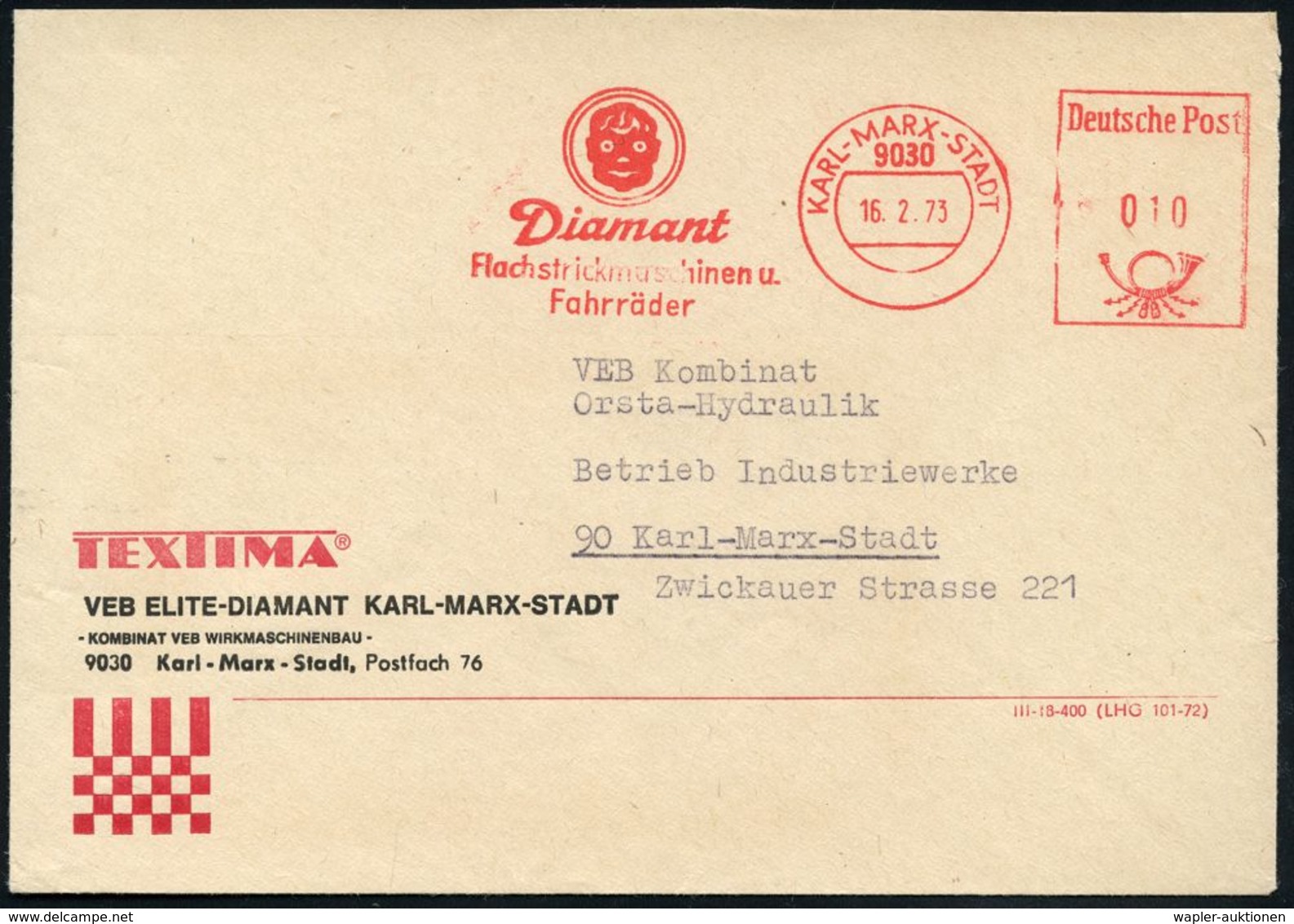 F A H R R A D  / INDUSTRIE & ZUBEHÖR : 9030 KARL-MARX-STADT/ Diamant/ Flachstrickmaschinen U./ Fahrräder 1973 (16.2.) AF - Other (Earth)