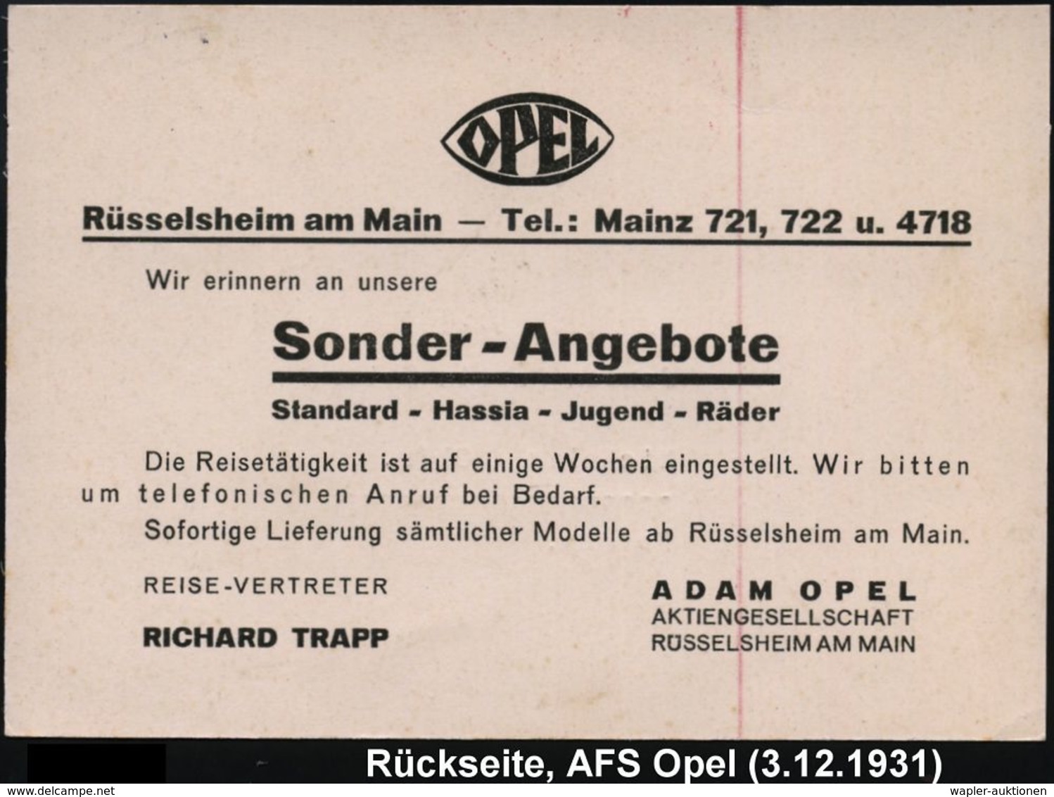 F A H R R A D  / INDUSTRIE & ZUBEHÖR : RÜSSELSHEIM/ (HESSEN)/ OPEL 1931 (3.12.) AFS (altes OPEL-Logo) A. Reklame-Kt.: Fa - Autres (Terre)