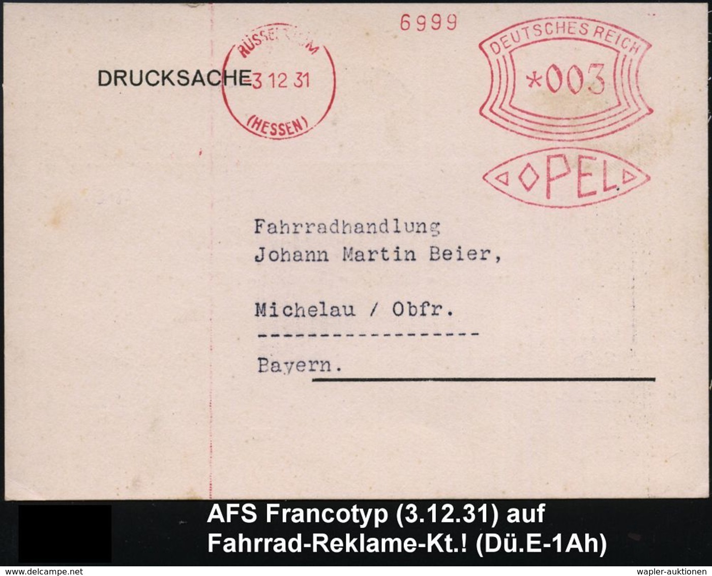 F A H R R A D  / INDUSTRIE & ZUBEHÖR : RÜSSELSHEIM/ (HESSEN)/ OPEL 1931 (3.12.) AFS (altes OPEL-Logo) A. Reklame-Kt.: Fa - Autres (Terre)