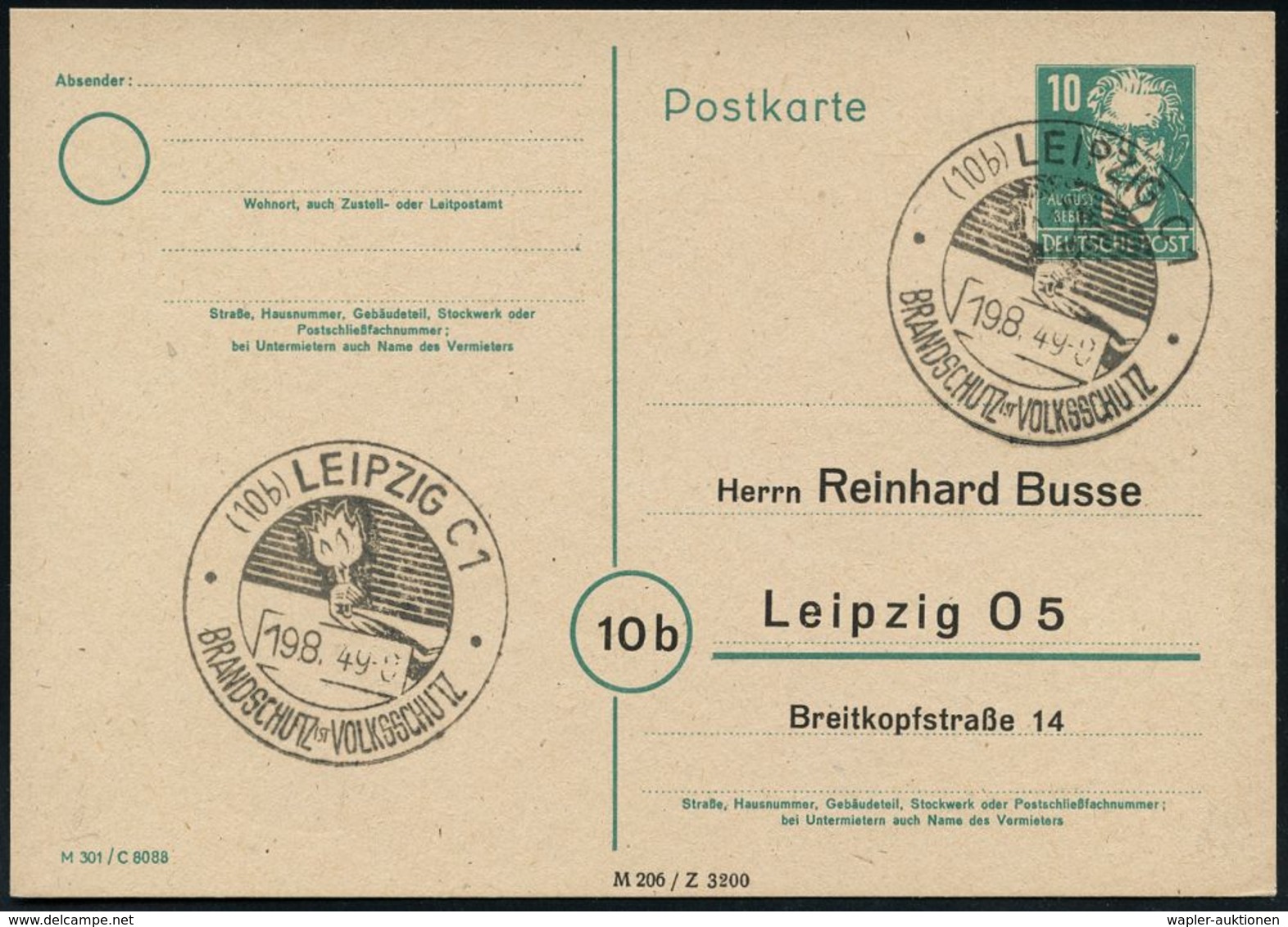 FEUERWEHR / BRANDVERHÜTUNG & -BEKÄMPFUNG : (10b) LEIPZIG C1/ BRANDSCHUTZ IST VOLKSSCHUTZ 1949 (19.8.) HWSt (Hand M.Facke - Pompieri