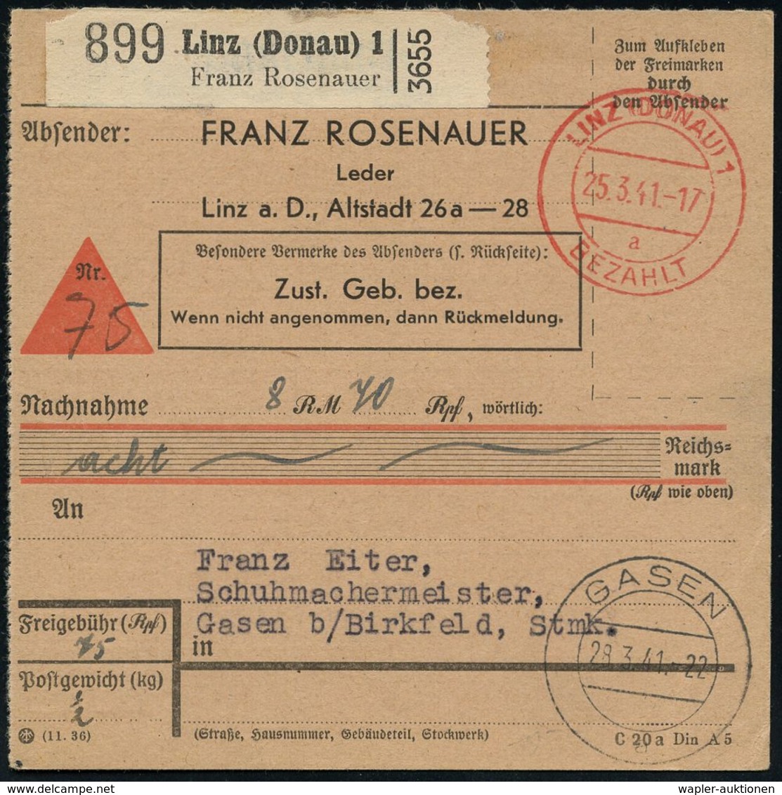 FEUERWEHR / BRANDVERHÜTUNG & -BEKÄMPFUNG : LINZ (DONAU) 1/ A/ BEZAHLT 1941 (25.3.) 2K-Steg-PFS + Schw. Selbstbucher-Pake - Sapeurs-Pompiers