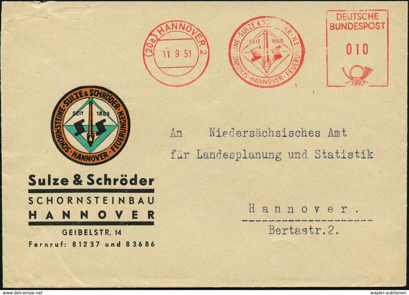 SCHORNSTEINFEGER / KAMIN : (20a) HANNOVER 2/ SCHORNSTEINE SULZE & SCHRÖDER/ FEUERUNGEN.. 1951 (11.9.) Dekorativer AFS (L - Pompieri