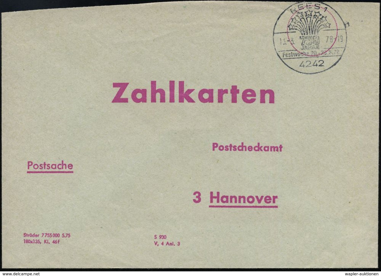 ZÜNDWAREN / PYROTECHNIK / FEUERWERK : 4242 REES 1/ 750/ JAHRE/ Festwoche 1978 (13.3.) HWSt = Feuerwerk Auf PSch-Innendie - Feuerwehr