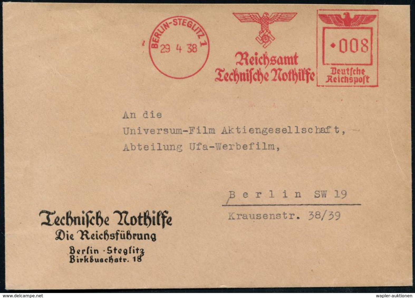 KATASTROPHENSCHUTZ / T.H.W. / T.N. : BERLIN-STEGLITZ 1/ Reichsamt/ Technische Nothilfe 1938 (29.4.) Seltener AFS (NS-Log - Sapeurs-Pompiers