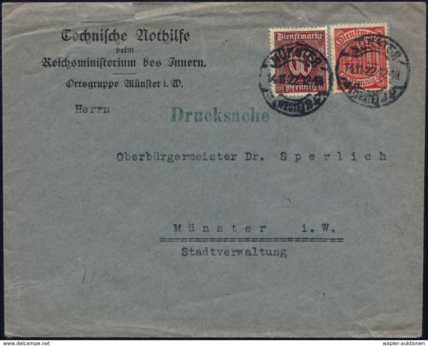 KATASTROPHENSCHUTZ / T.H.W. / T.N. : MÜNSTER/ *(WESTF)2/ G 1922 (14.11.) 1K-Brücke Auf Dienst 40 Pf. U. 60 Pf. Auf Diens - Firemen