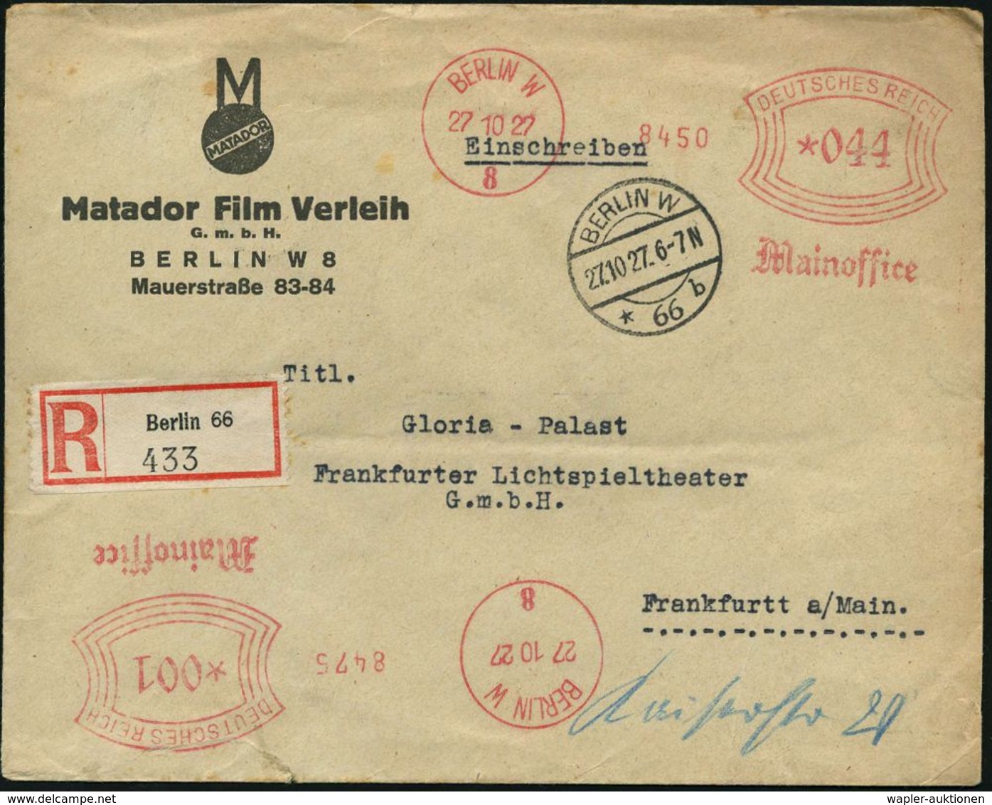 FILM / FILMVERLEIH / FILMTITEL / KINO : BERLIN W/ 8/ Mainoffice 1927 (27.10.) Seltener AFS 044 Pf.+ 001 Pf. = 2 Abdrucke - Kino