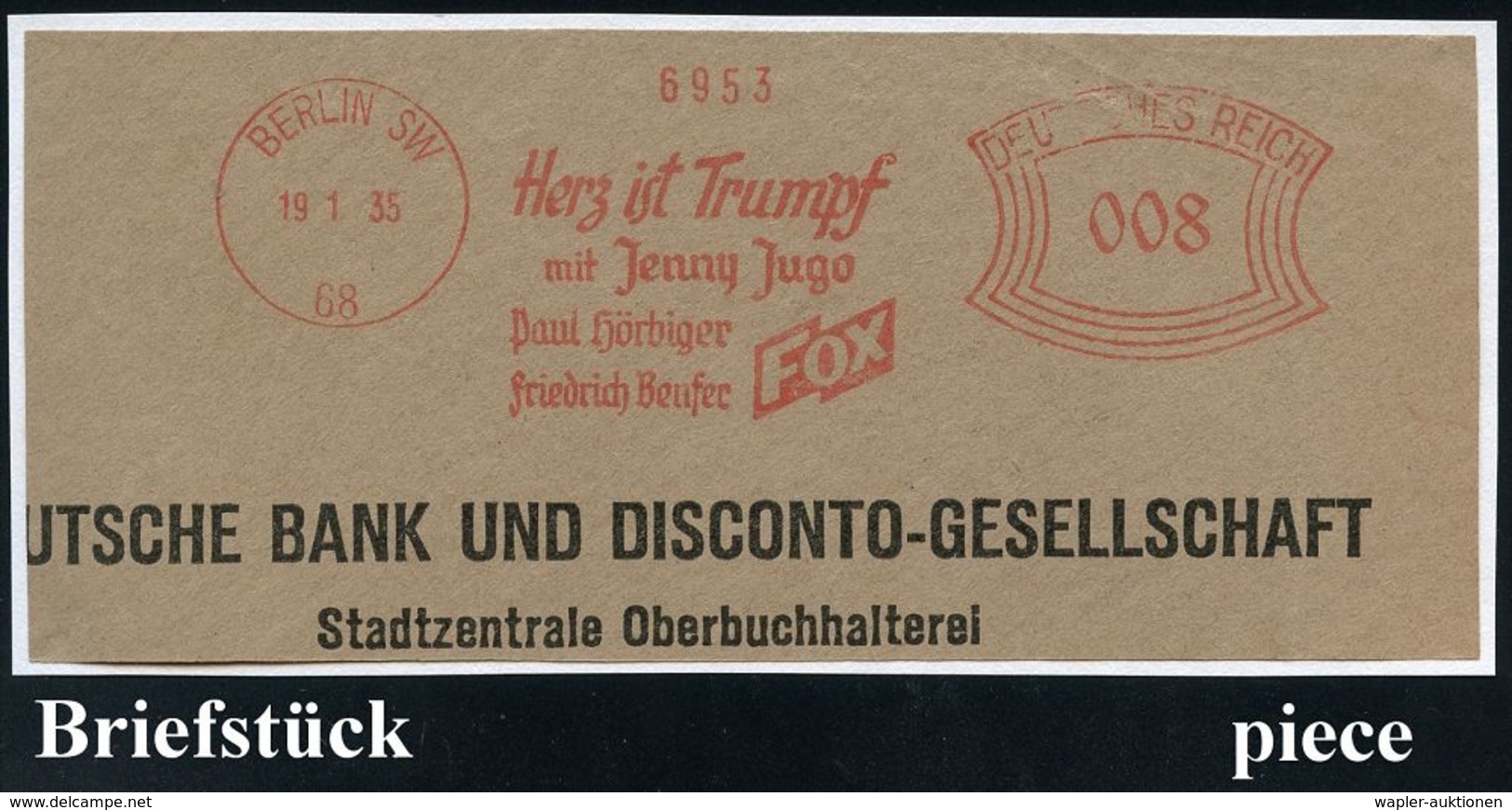 FILM / FILMVERLEIH / FILMTITEL / KINO : BERLIN SW/ 68/ Herz Ist Trumpf/ Mit Jenny Juno/ Paul Hörbiger../ FOX 1935 (19.1. - Cinéma