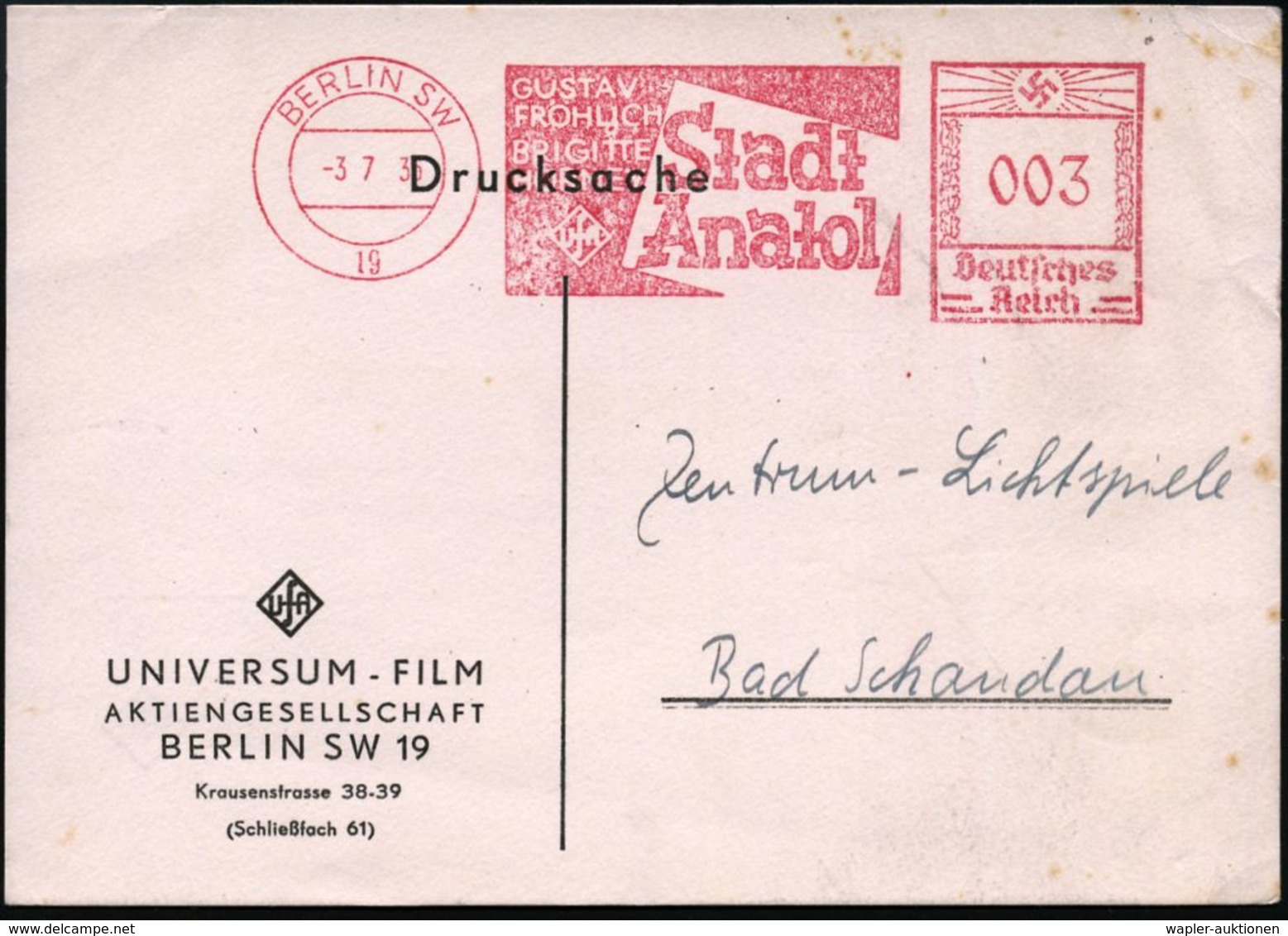 FILM / FILMVERLEIH / FILMTITEL / KINO : BERLIN SW/ 19/ GUSTAV/ FRÖHLICH/ BRIGITTE/ HORNEY/ UfA/ Stadt/ Anatol 1936 (3.7. - Cinema