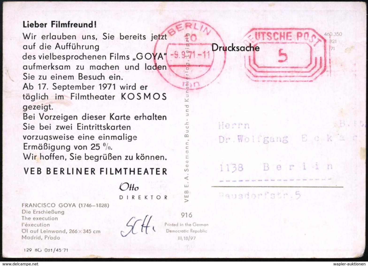 FILM / FILMVERLEIH / FILMTITEL / KINO : 10 BERLIN/ Mn 1971 (9.9.) PFS 5 Pf. Acheck "DEUTSCHE POST" Auf Color-Reklame-Ak. - Cinema