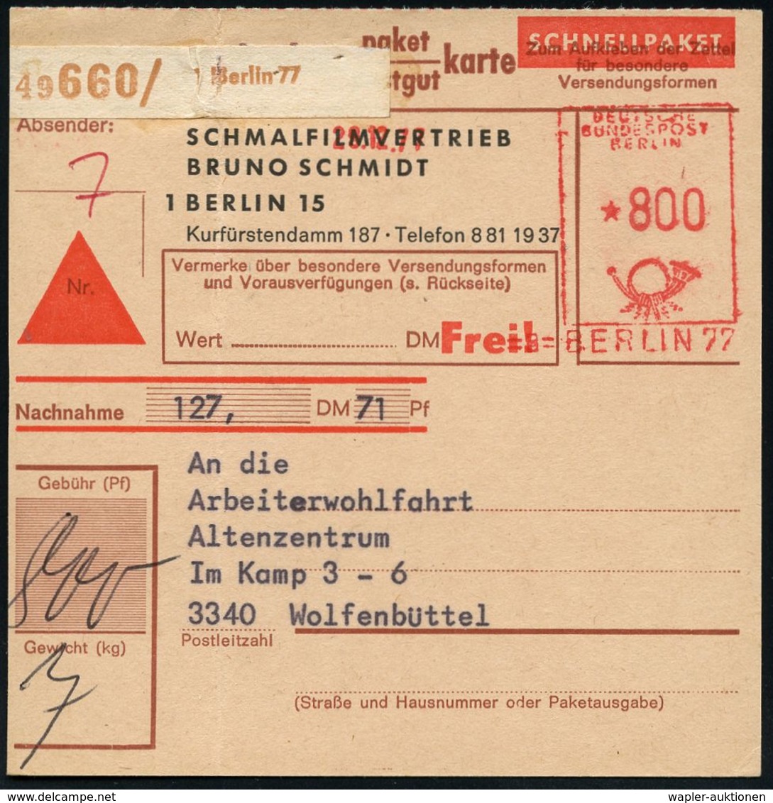 FILM / FILMVERLEIH / FILMTITEL / KINO : BERLIN 77 1977 (29.12.) Paket-FS *800 Pf. + Brauner Paketzettel: Berlin 77 , Inl - Kino