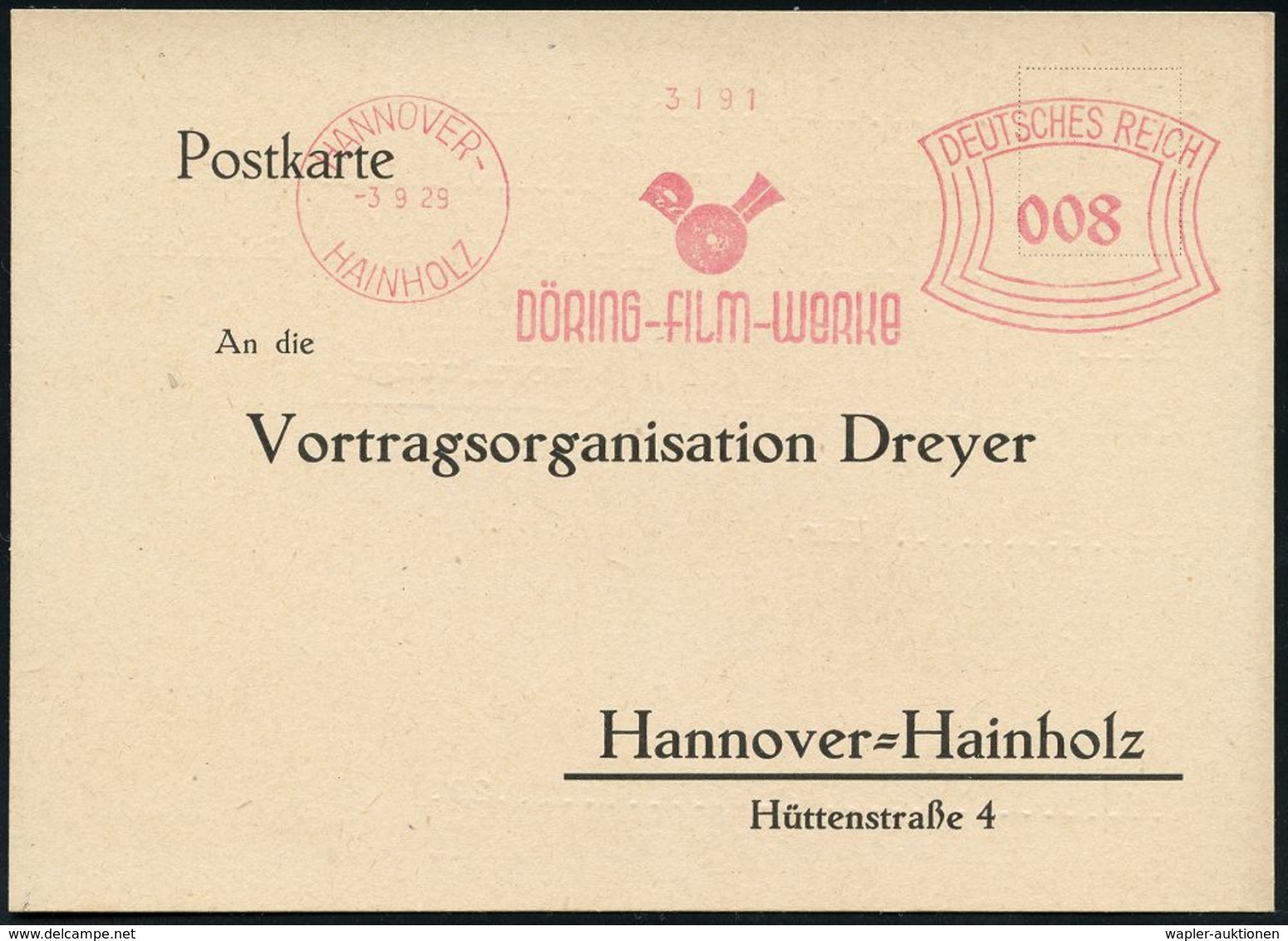 FILM / FILMVERLEIH / FILMTITEL / KINO : HANNOVER-/ HAINHOLZ/ DÖRING-FILM-WERKE 1929 (3.9.) AFS 008 Pf. (Firmen-Logo) Ant - Cinema