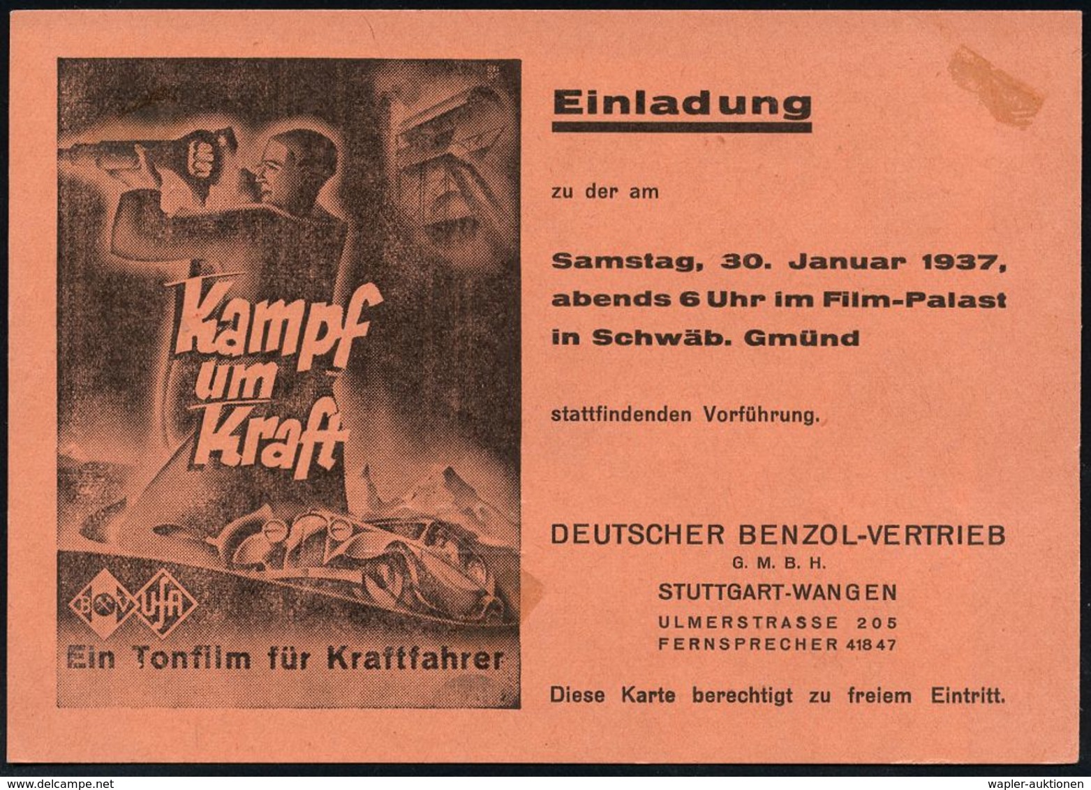 FILM / FILMVERLEIH / FILMTITEL / KINO : Stuttgart-Untertürkheim 1937 (16.1.) Roter 1K-PFS: UNTERTÜRKHEIM/3 Pf./Gebühr Be - Cinema