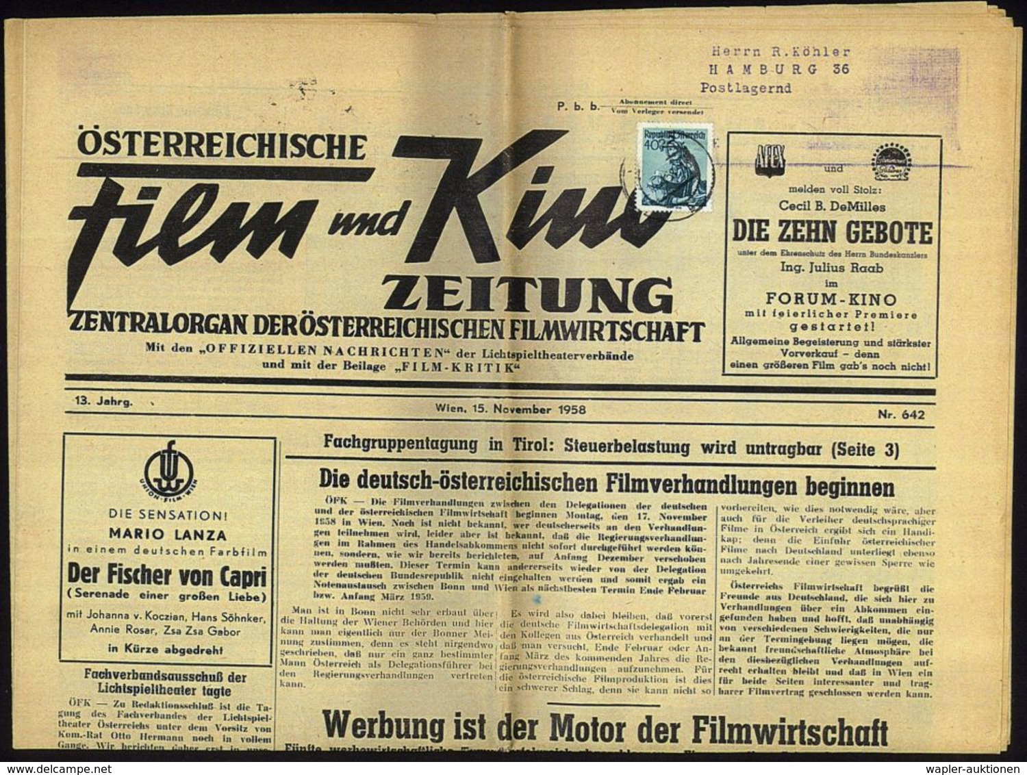 FILM / FILMVERLEIH / FILMTITEL / KINO : ÖSTERREICH 1958 (15.11.) 40 G. Trachten, EF Auf Kompletter Zeitung: "ÖSTERREICHI - Cinéma