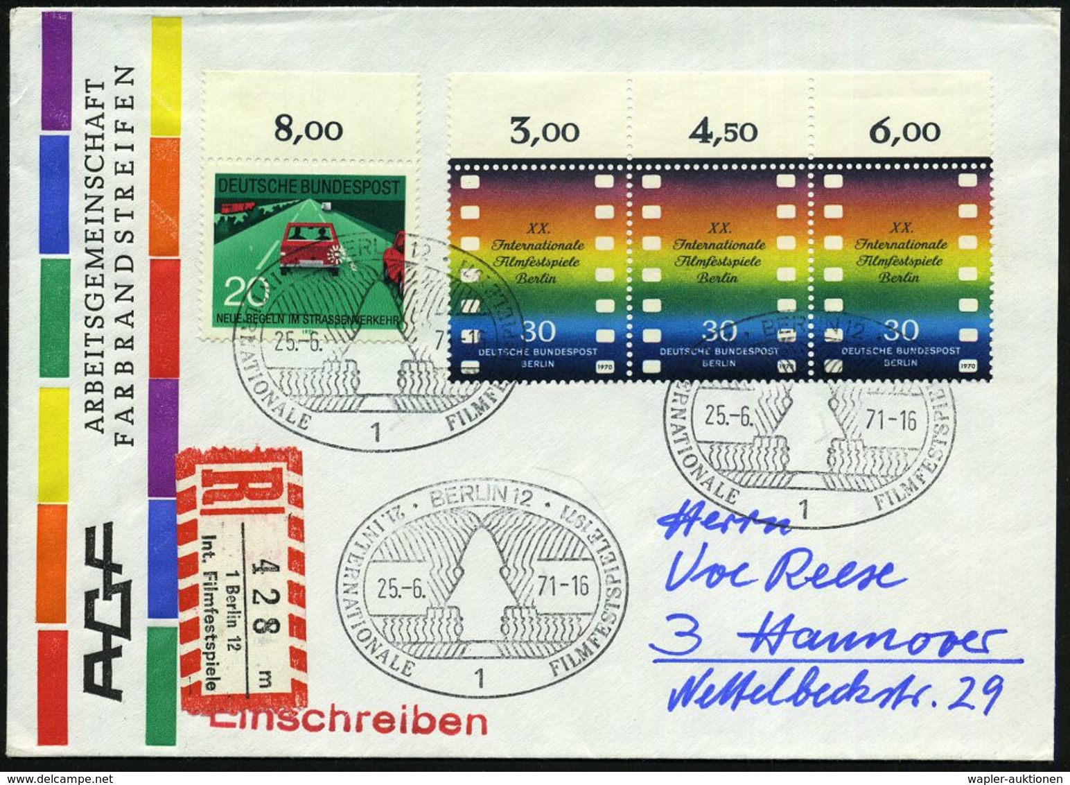 FILMFESTSPIELE / FILMKONGRESSE : 1 BERLIN 12/ 21.INTERNAT.FILMFESTSPIELE 1971 (25.6.) SSt Auf Rand-3er-Streifen 30 Pf. F - Cinema