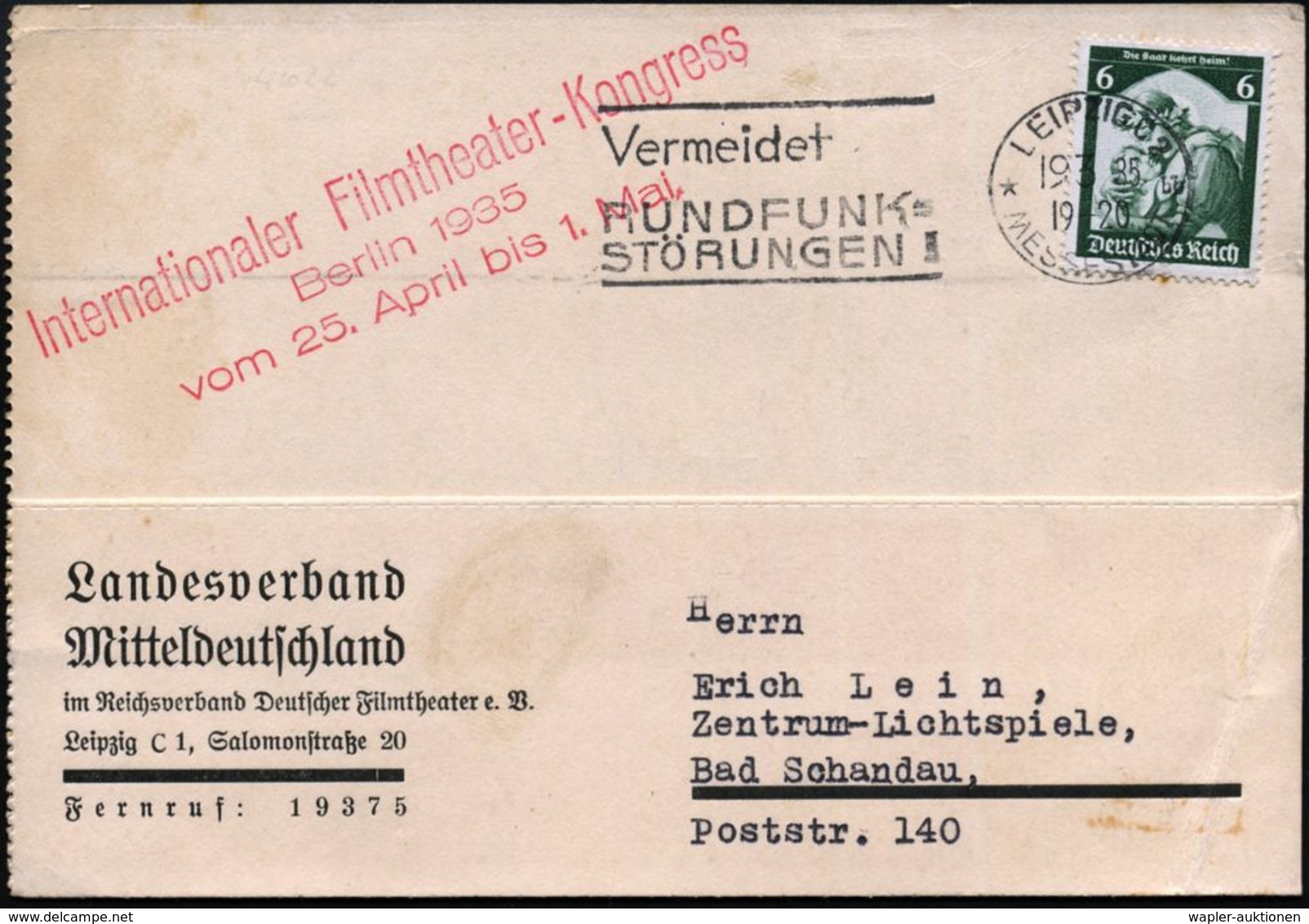 FILMFESTSPIELE / FILMKONGRESSE : Leipzig 1935 (19.3.) Vordr.-Kt.: Landesverband Mitteldeutschld. Im Reichsverband Deutsc - Cinéma