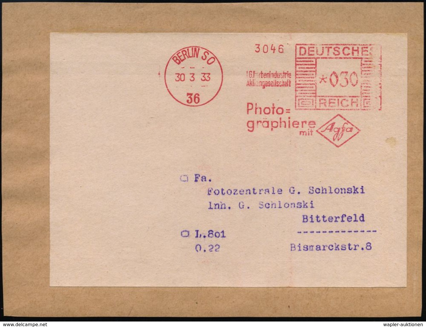 FOTOGRAFIE / KAMERAS / FOTOINDUSTRIE : BERLIN SO/ 36/ IG.Farbenindustrie/ AG/ Photo-/ Graphiere/ Mit Agfa 1933 (30.3.) A - Photographie