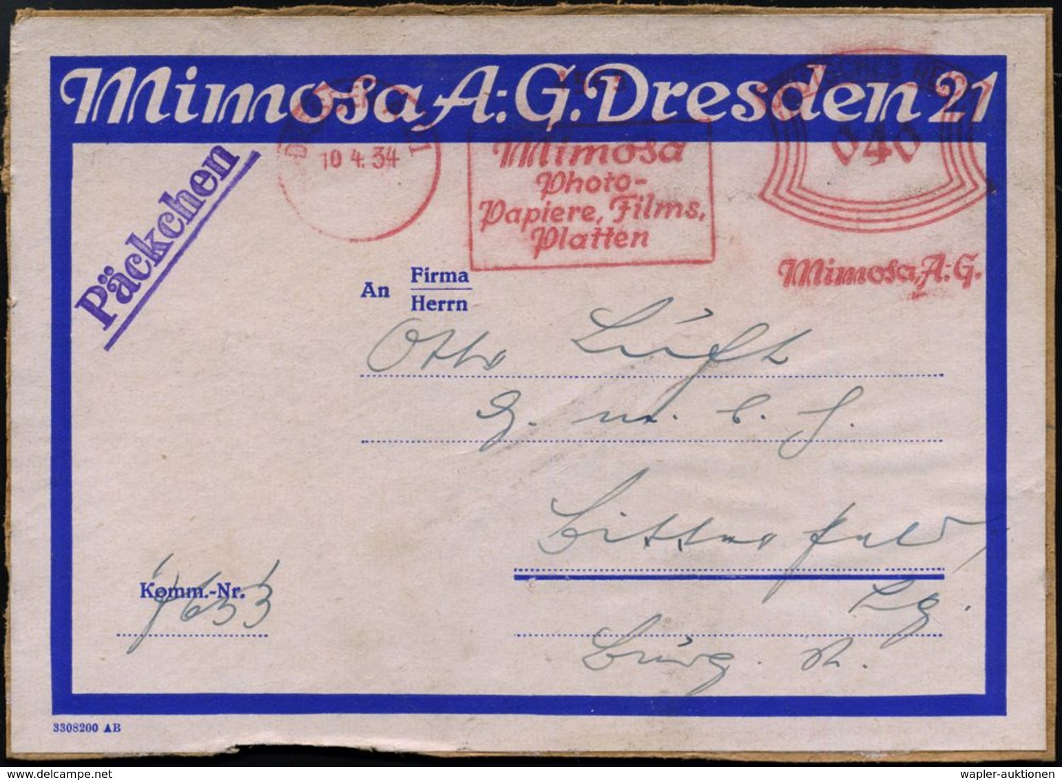 FOTOGRAFIE / KAMERAS / FOTOINDUSTRIE : DRESDEN A 21/ Mimosa/ Photo-/ Papiere,Films/ Platten.. 1934 (10.4.) AFS 040 Pf. A - Photography