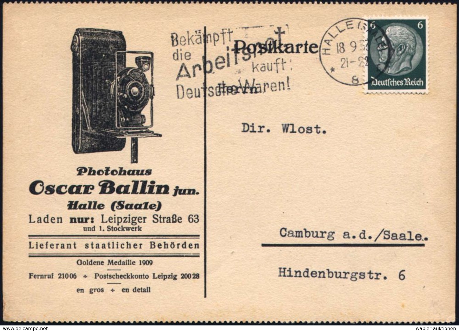 FOTOGRAFIE / KAMERAS / FOTOINDUSTRIE : HALLE (SAALE)/ *8I/ Bekämpft/ Die/ Arbeitsnot/ Kauft/ Deutsche Waren! 1933 (18.9. - Photographie