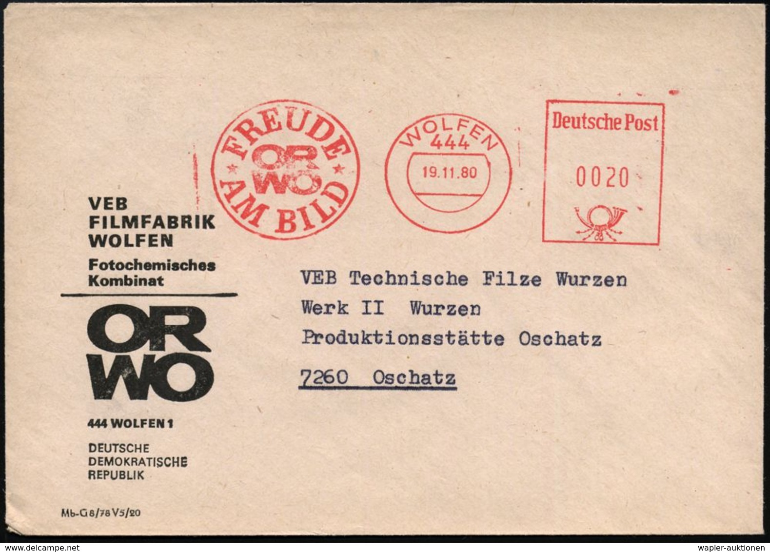 FOTOGRAFIE / KAMERAS / FOTOINDUSTRIE : 444 WOLFEN/ OR/ WO/ FREUDE/ AM BILD 1980 (19.11.) AFS Postalia Klar Auf Firmen-Bf - Photographie