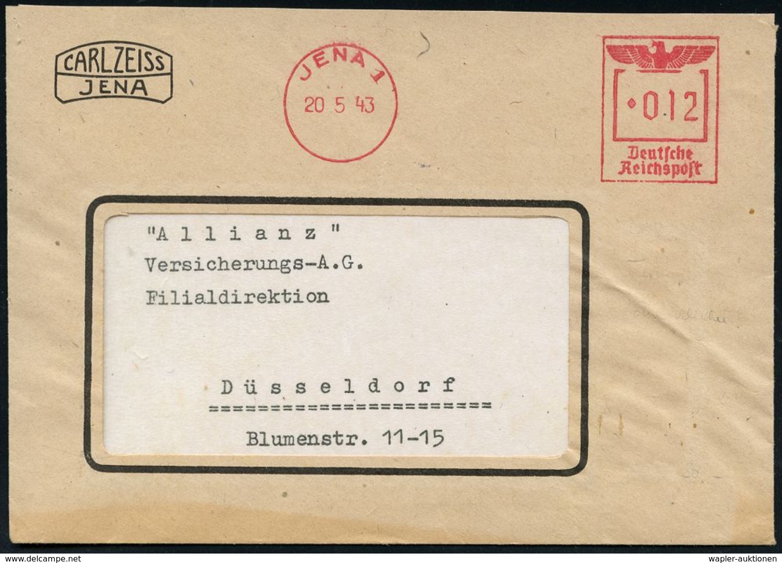 OPTIK / GERÄTE / MIKROSKOP / BRILLE / LICHT : JENA 1 1943 (20.5.) Seltener, Kriegsbedingt Aptierter AFS Ohne Werbeklisch - Photographie