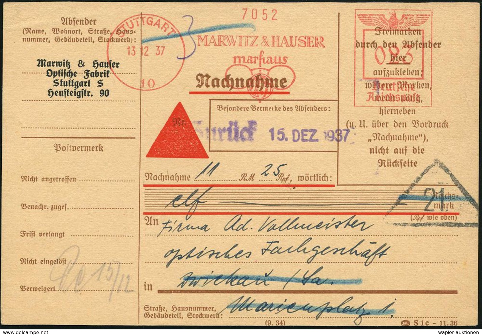 OPTIK / GERÄTE / MIKROSKOP / BRILLE / LICHT : STUTTGART/ 10/ MARWITZ & HAUSER/ Marhaus 1937 (13.12.) AFS 023 Pf. = Brill - Photographie
