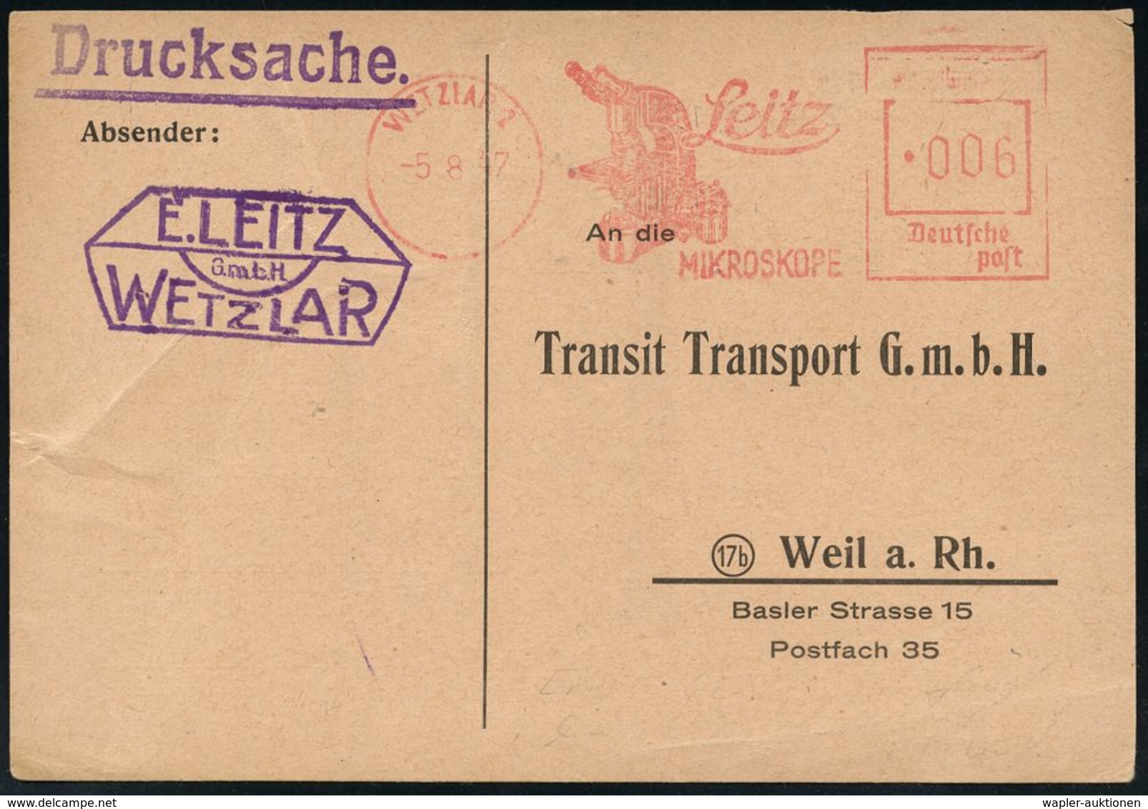 OPTIK / GERÄTE / MIKROSKOP / BRILLE / LICHT : WETZLAR 1/ Leitz/ MIKROSKOPE 1947 (5.8.) Seltener, Aptierter AFS = Reichsa - Photographie