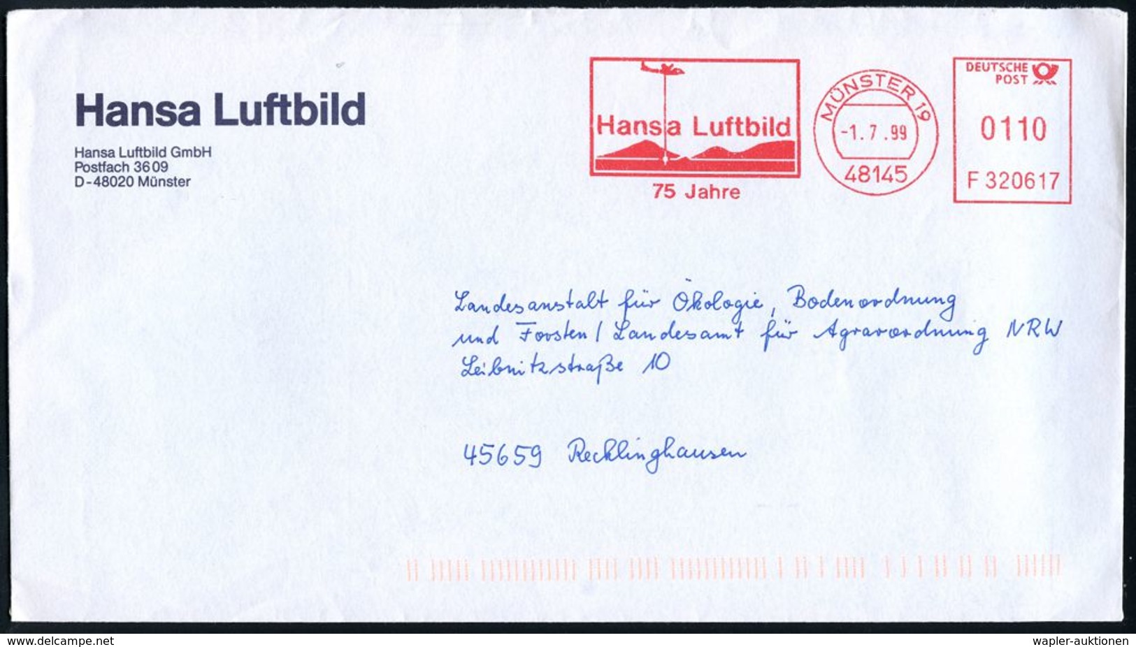 ALLGEMEINE FLUGTHEMATIK / FLUGWESEN : 48145 MÜNSTER 19/ F320617/ Hansa Luftbild/ 75 Jahre 1999 (1.7.) Jubil.-AFS = Flugz - Andere (Lucht)