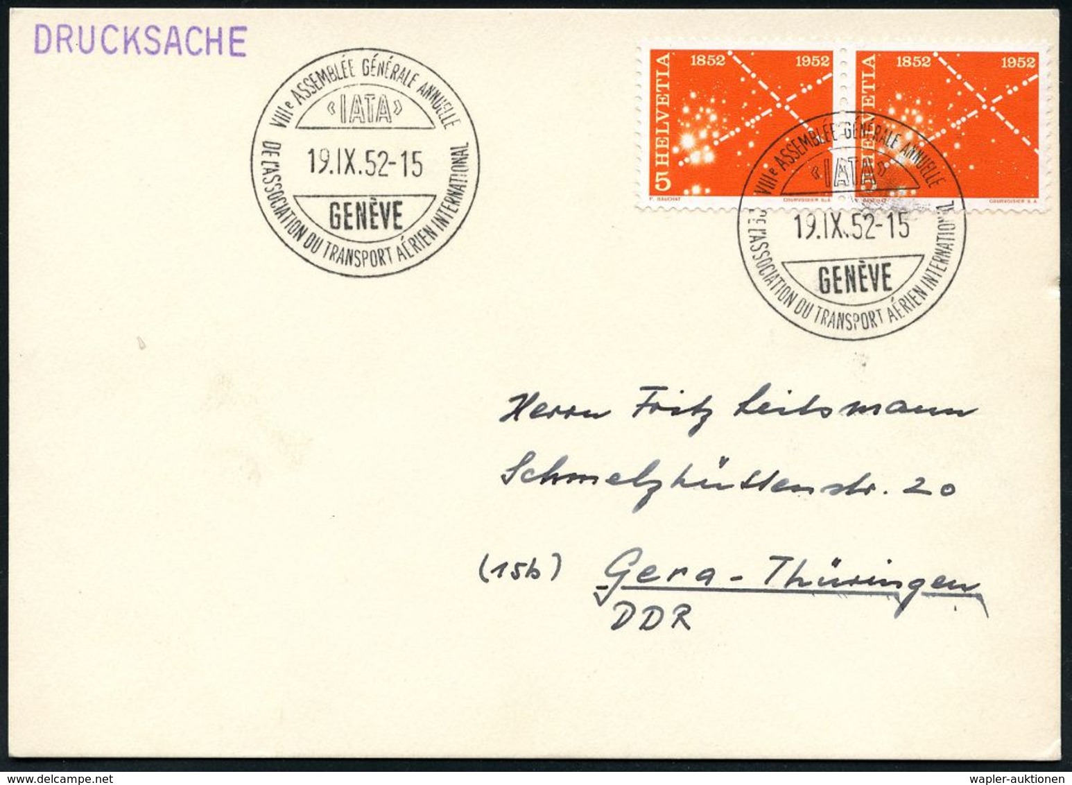 ALLGEMEINE FLUGTHEMATIK / FLUGWESEN : SCHWEIZ 1952 (Sept.) SSt: GENEVE/"IATA"/VIIIe ASSEMBLEE GENERALE ANNUELLE/..TRANSP - Other (Air)