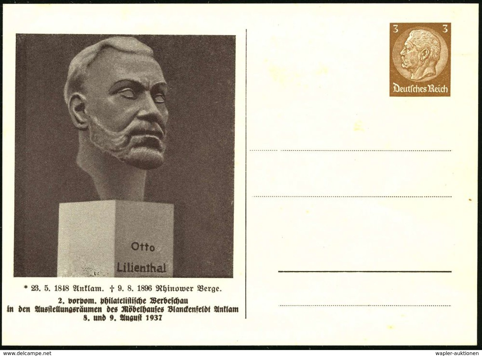 LUFTFAHRT-PIONIERE / PIONIER-FLÜGE : Anklam 1937 (Aug.) PP 3 Pf. Hindenbg., Braun: Otto Lilienthal (Büste Mit Inschrift) - Sonstige (Luft)