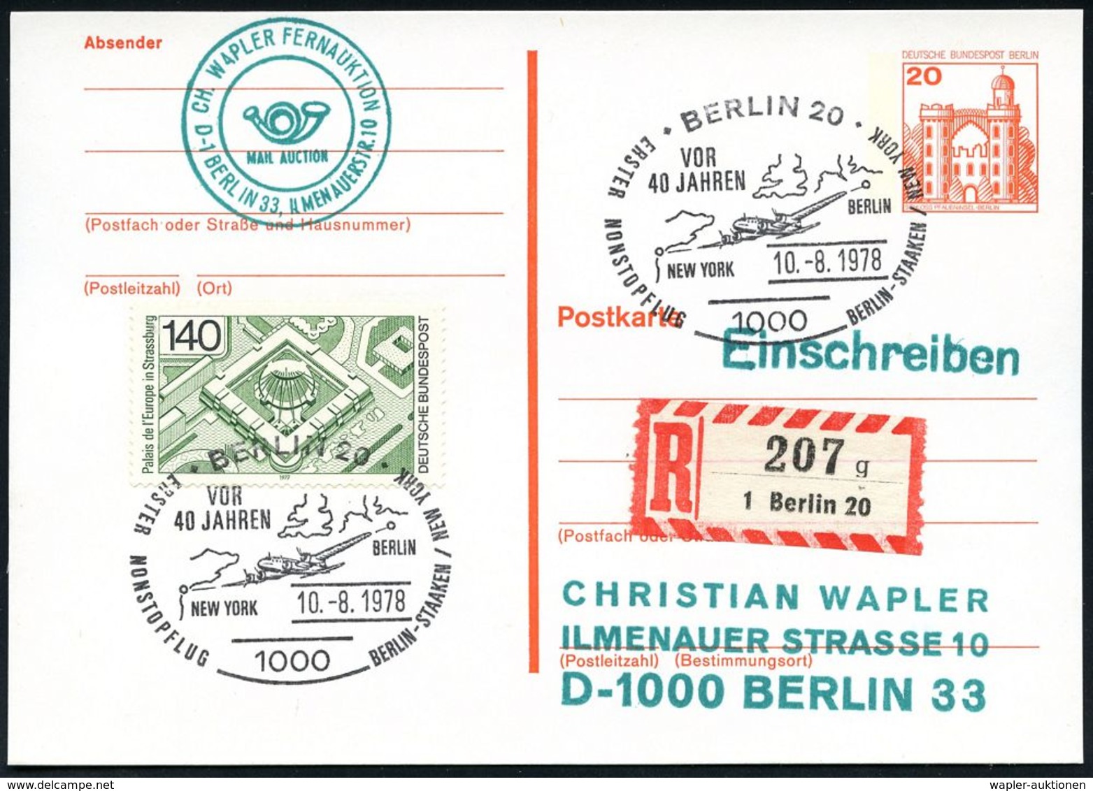 LUFTFAHRT-PIONIERE / PIONIER-FLÜGE : 1000 BERLIN 20/ ERSTER NONSTOPFLUG BERLIN-STAAKEN - NEW YORK 1978 (10.8.) SSt (Fw " - Autres (Air)