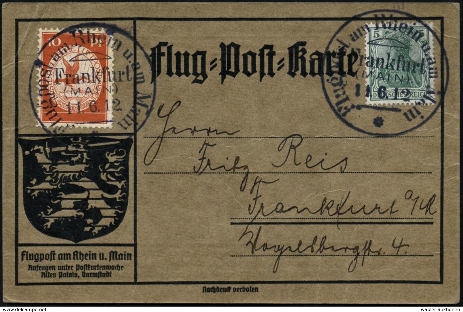 LUFTFAHRT-PIONIERE / PIONIER-FLÜGE : Frankfurt/ (MAIN)/ Flugpost Am Rhein Und Main/ * 1912 (11.6.) SSt Auf EF 5 Pf. Germ - Other (Air)